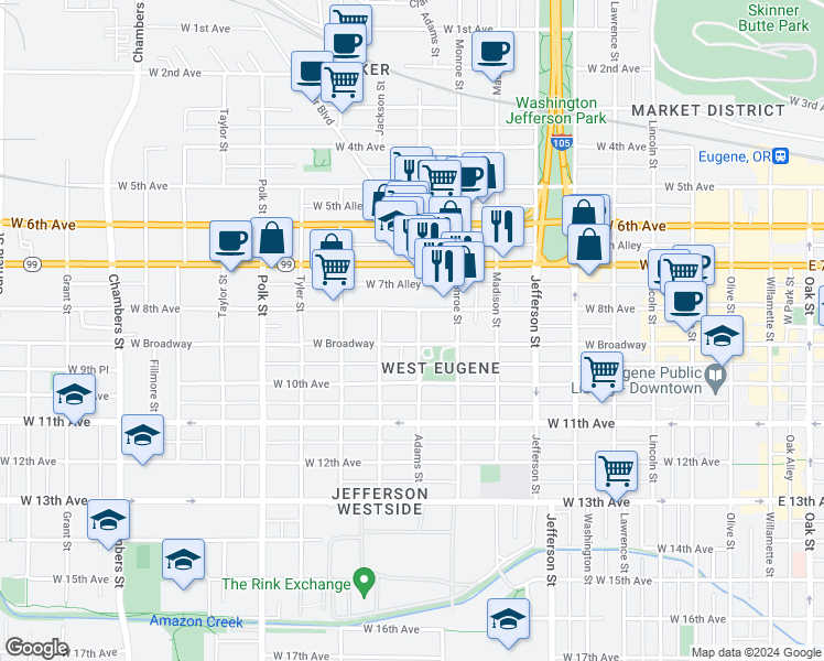 map of restaurants, bars, coffee shops, grocery stores, and more near 860 Adams Street in Eugene