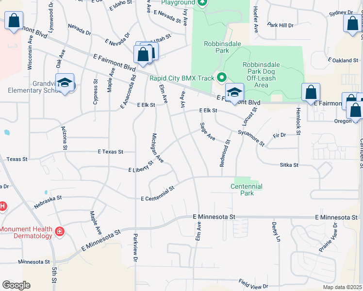 map of restaurants, bars, coffee shops, grocery stores, and more near 3606 Elm Avenue in Rapid City