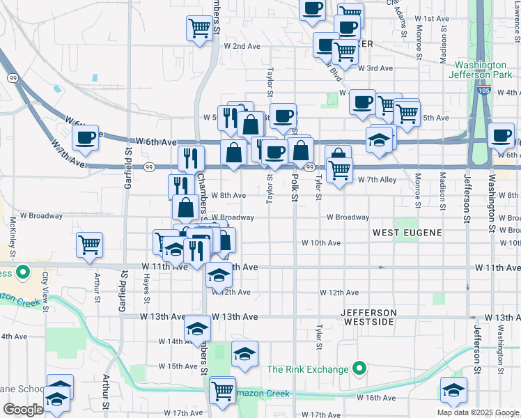 map of restaurants, bars, coffee shops, grocery stores, and more near 1429 West Broadway in Eugene