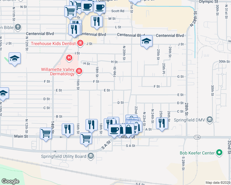 map of restaurants, bars, coffee shops, grocery stores, and more near 589 19th Street in Springfield
