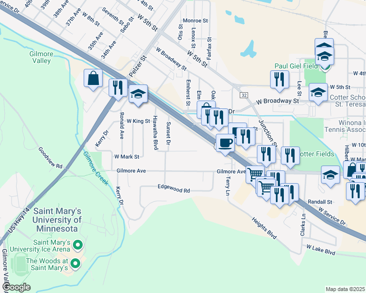 map of restaurants, bars, coffee shops, grocery stores, and more near in Winona