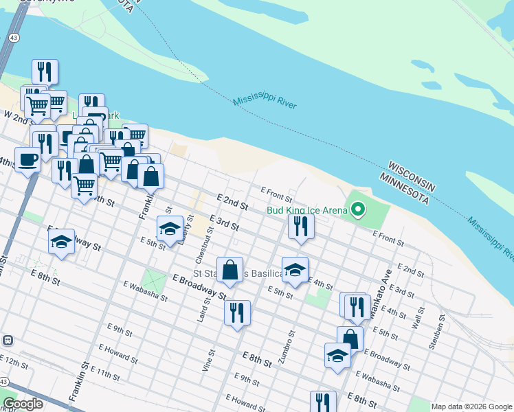 map of restaurants, bars, coffee shops, grocery stores, and more near 466 East 2nd Street in Winona