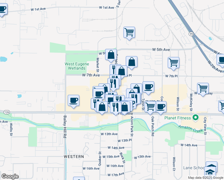 map of restaurants, bars, coffee shops, grocery stores, and more near 874 Seneca Rd in Eugene