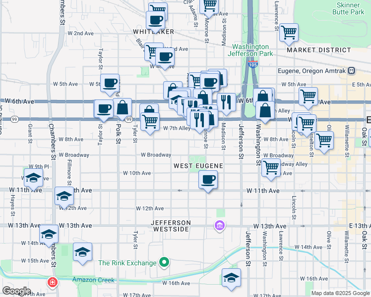 map of restaurants, bars, coffee shops, grocery stores, and more near 860 Adams Street in Eugene