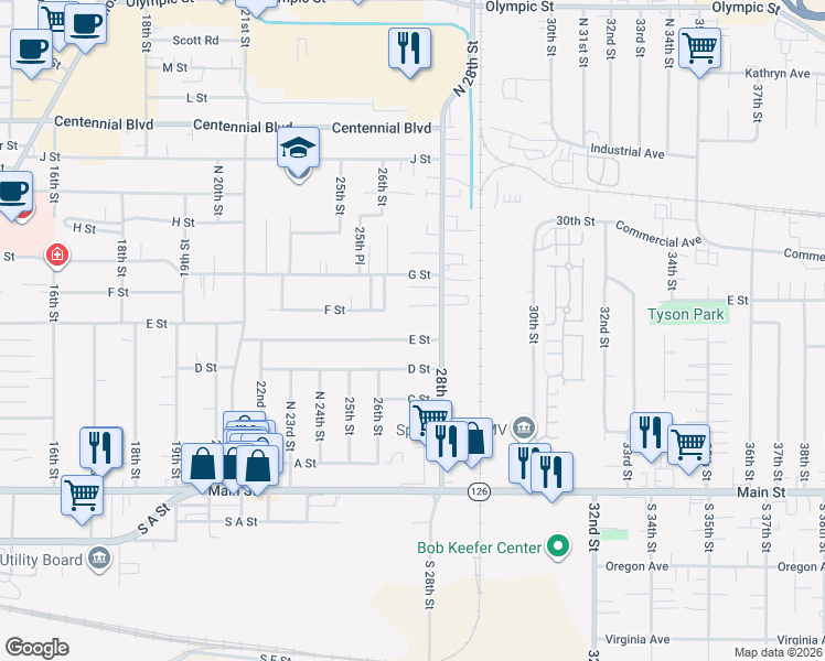 map of restaurants, bars, coffee shops, grocery stores, and more near 2700 E Street in Springfield