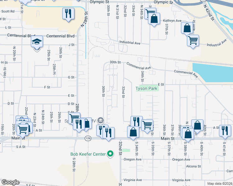 map of restaurants, bars, coffee shops, grocery stores, and more near 126 30th Street in Springfield