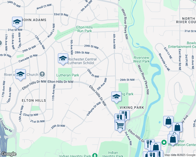 map of restaurants, bars, coffee shops, grocery stores, and more near 530 26th Street Northwest in Rochester
