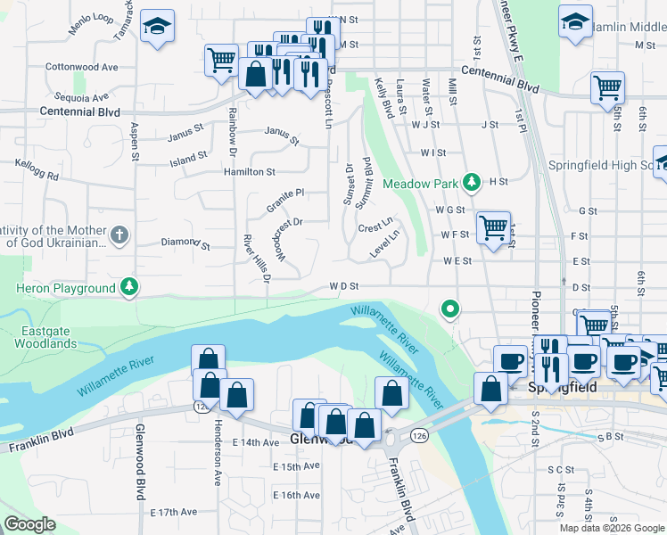 map of restaurants, bars, coffee shops, grocery stores, and more near 495 Riverview Boulevard in Springfield