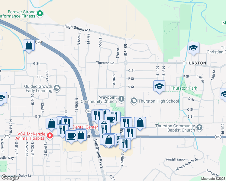 map of restaurants, bars, coffee shops, grocery stores, and more near 5699 E Street in Springfield