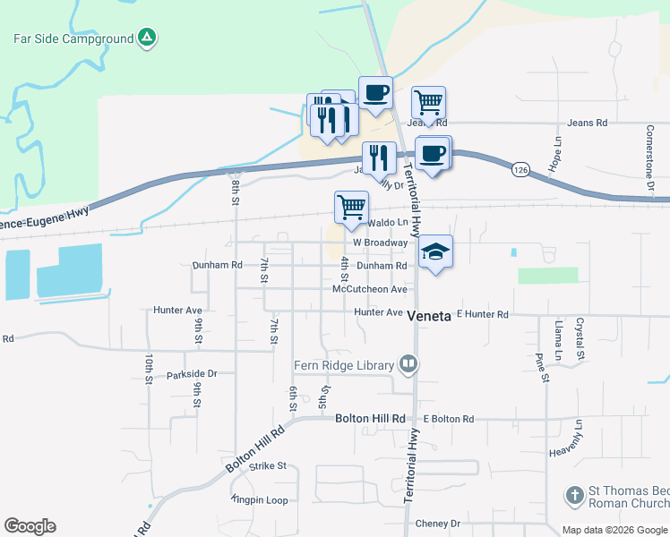 map of restaurants, bars, coffee shops, grocery stores, and more near 24964 Dunham Road in Veneta
