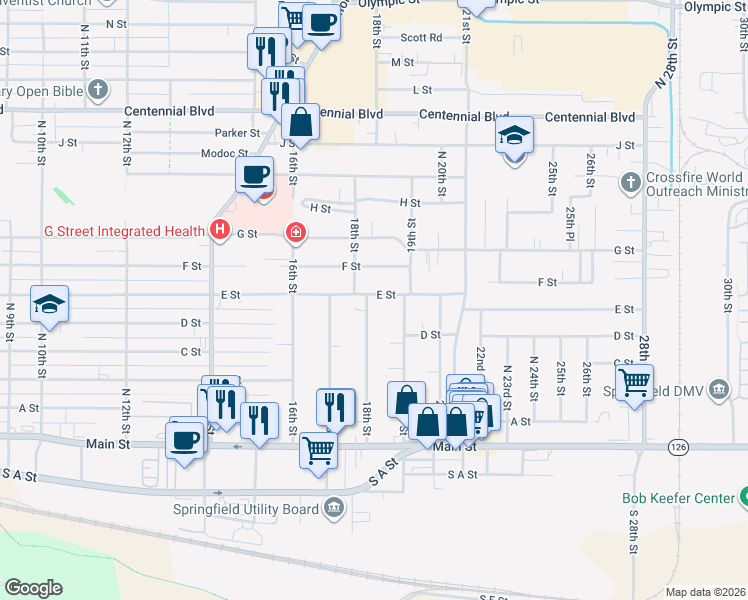 map of restaurants, bars, coffee shops, grocery stores, and more near 1829 E St in Springfield