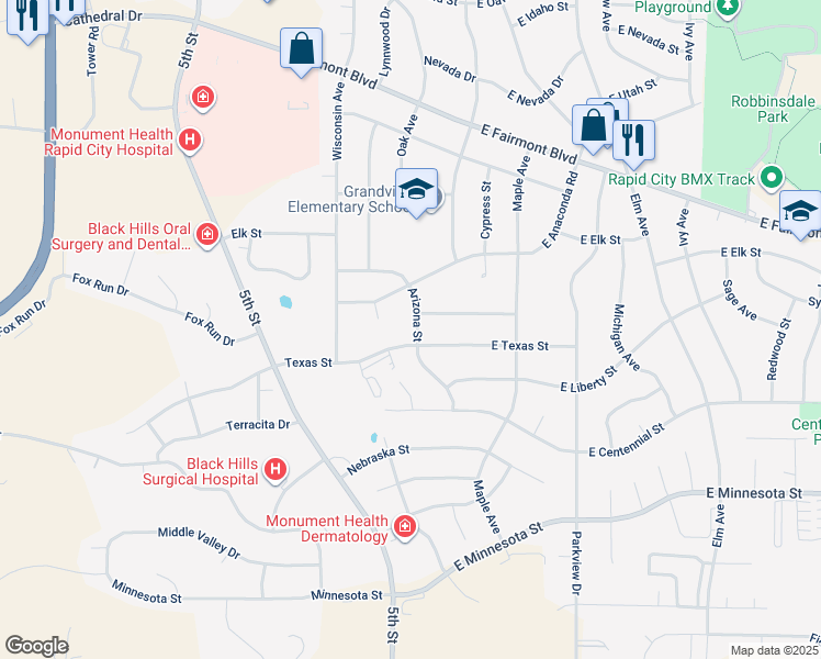 map of restaurants, bars, coffee shops, grocery stores, and more near 3613 Arizona Street in Rapid City