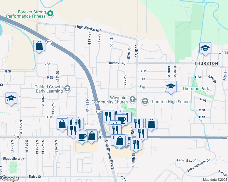 map of restaurants, bars, coffee shops, grocery stores, and more near 5637 E Street in Springfield