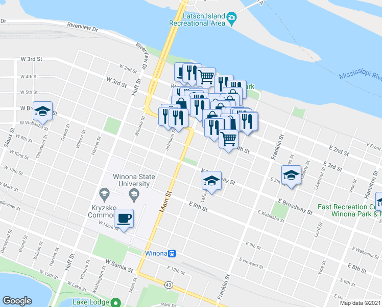 map of restaurants, bars, coffee shops, grocery stores, and more near 67 West 5th Street in Winona