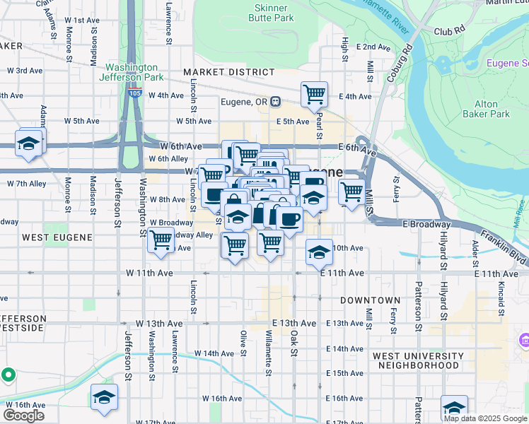 map of restaurants, bars, coffee shops, grocery stores, and more near Willamette Street in Eugene