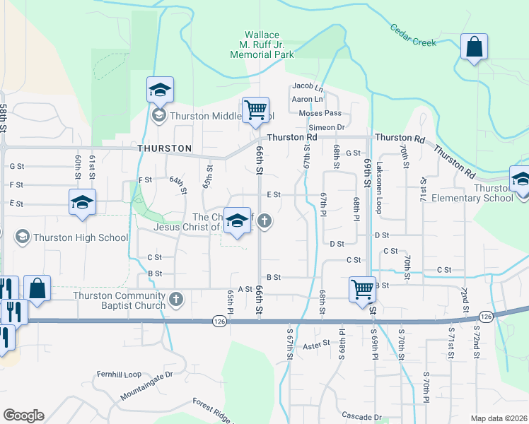 map of restaurants, bars, coffee shops, grocery stores, and more near 6637 E Street in Springfield
