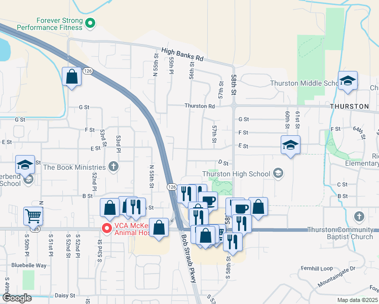 map of restaurants, bars, coffee shops, grocery stores, and more near 5637 E Street in Springfield