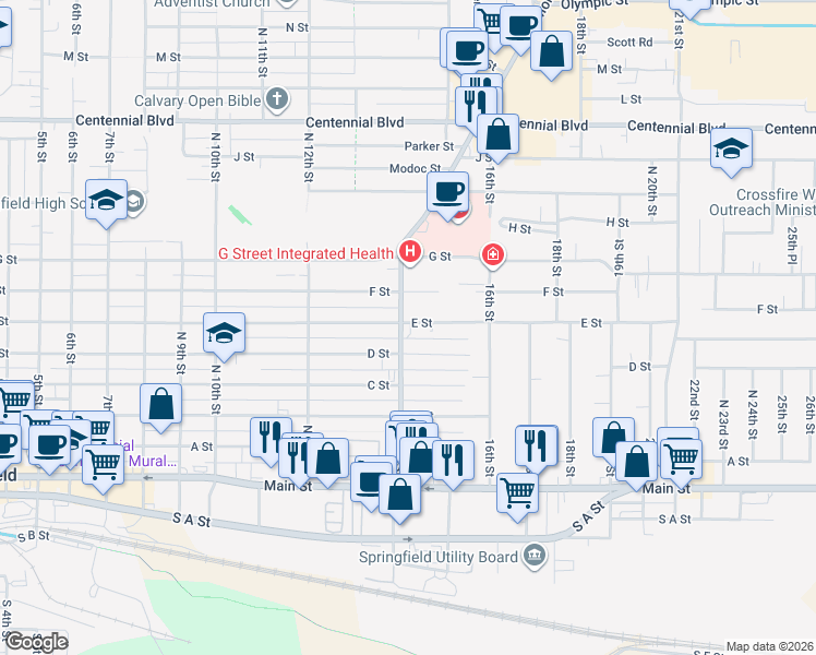 map of restaurants, bars, coffee shops, grocery stores, and more near 1437 E Street in Springfield