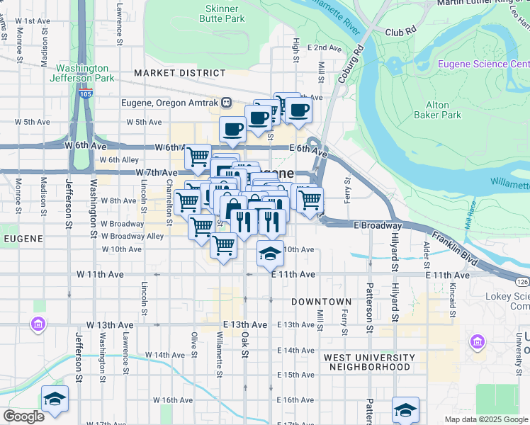 map of restaurants, bars, coffee shops, grocery stores, and more near 191 East Broadway in Eugene
