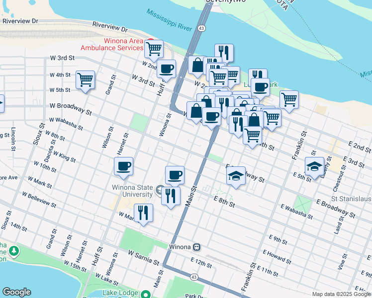 map of restaurants, bars, coffee shops, grocery stores, and more near 166 West Broadway Street in Winona