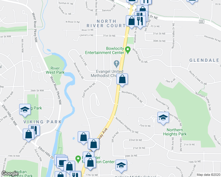 map of restaurants, bars, coffee shops, grocery stores, and more near 405 24th Street Northeast in Rochester