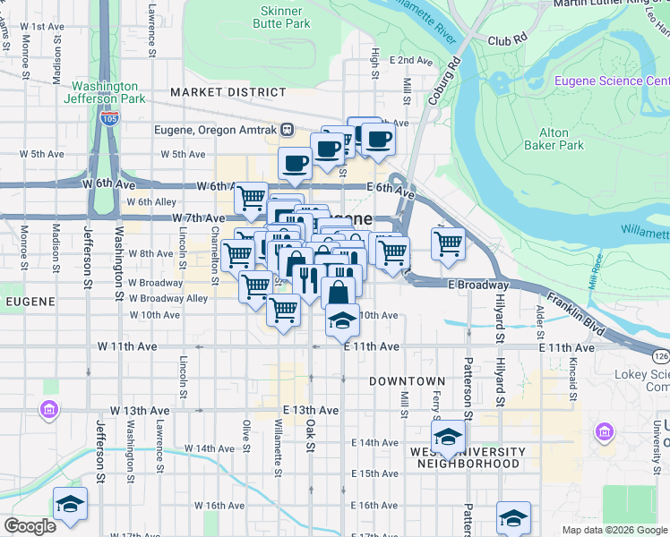 map of restaurants, bars, coffee shops, grocery stores, and more near 877 East Park Street in Eugene