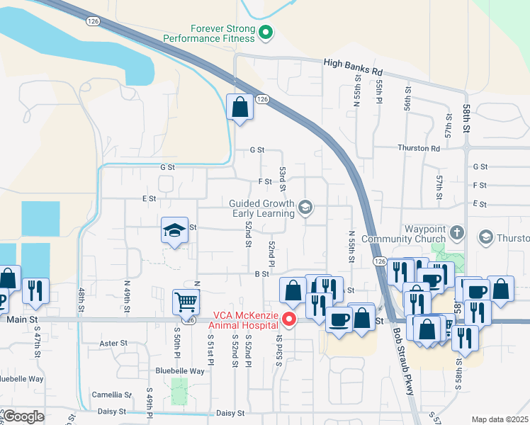 map of restaurants, bars, coffee shops, grocery stores, and more near 5245 E Street in Springfield
