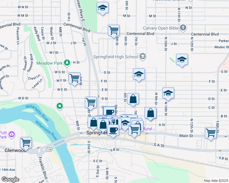 map of restaurants, bars, coffee shops, grocery stores, and more near 546 5th Street in Springfield