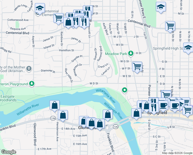 map of restaurants, bars, coffee shops, grocery stores, and more near 475 Riverview Boulevard in Springfield