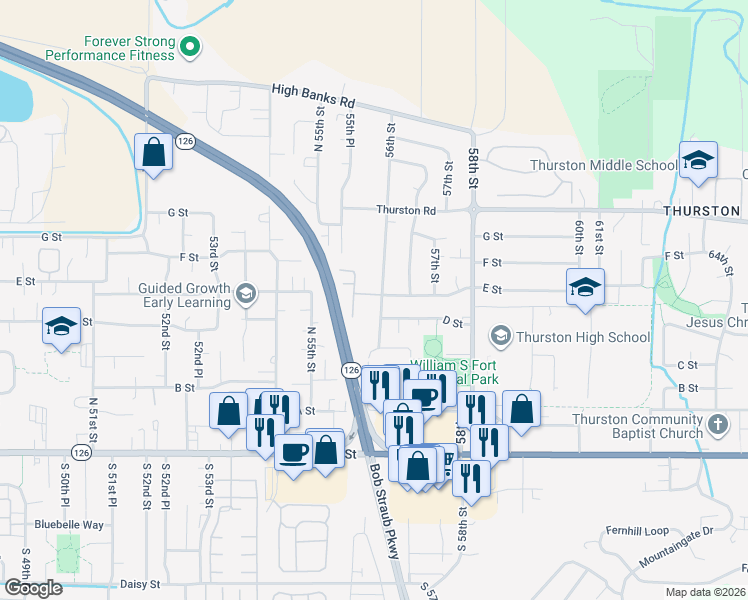 map of restaurants, bars, coffee shops, grocery stores, and more near 5595 E Street in Springfield