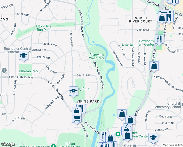 map of restaurants, bars, coffee shops, grocery stores, and more near 105 26th Street Northwest in Rochester