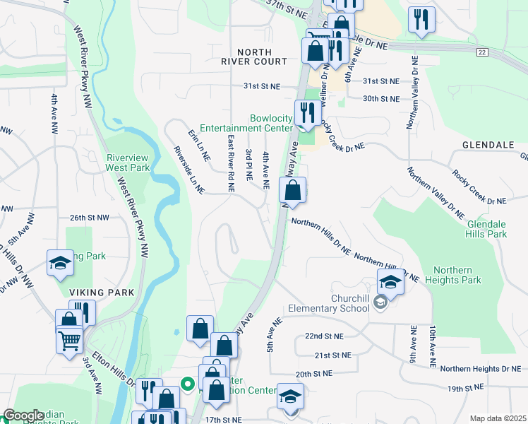 map of restaurants, bars, coffee shops, grocery stores, and more near 405 24th Street Northeast in Rochester