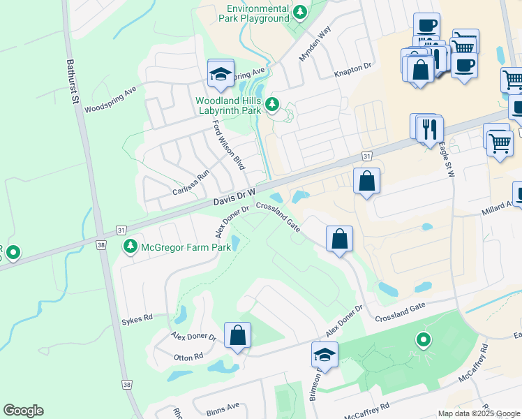map of restaurants, bars, coffee shops, grocery stores, and more near 346 Clay Stones Street in Newmarket
