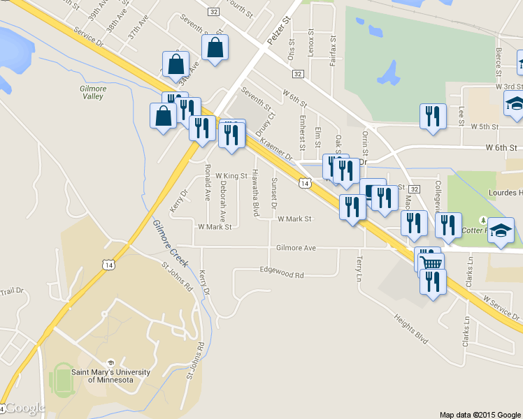 map of restaurants, bars, coffee shops, grocery stores, and more near 518 Hiawatha Boulevard in Winona