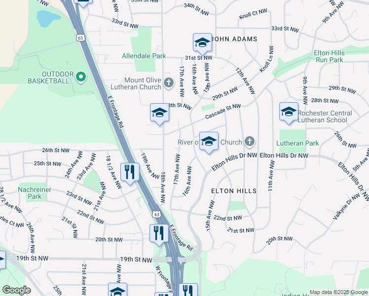 map of restaurants, bars, coffee shops, grocery stores, and more near 2602 17th Avenue Northwest in Rochester