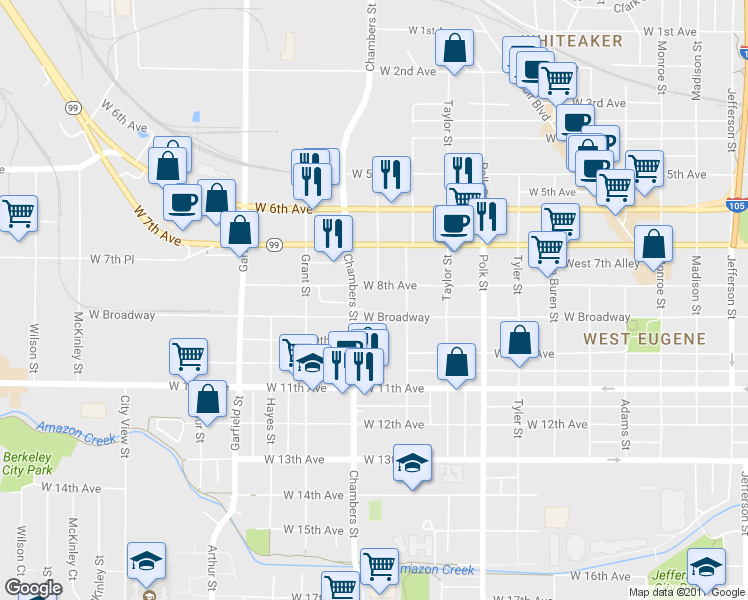 map of restaurants, bars, coffee shops, grocery stores, and more near 1630 West 8th Place in Eugene