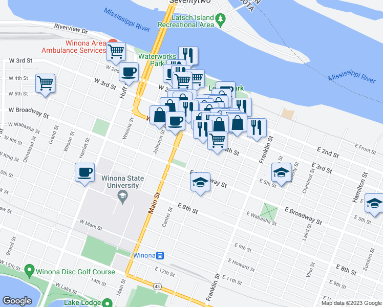 map of restaurants, bars, coffee shops, grocery stores, and more near 1 West 5th Street in Winona