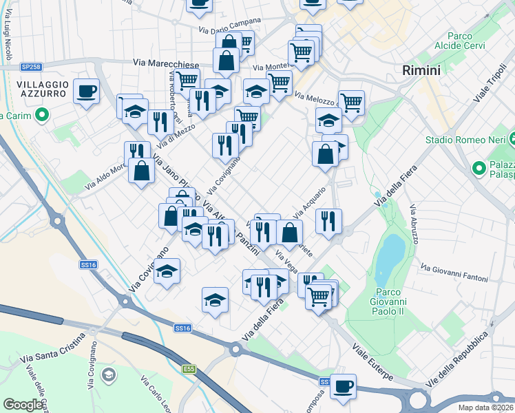 map of restaurants, bars, coffee shops, grocery stores, and more near 23A Via Ariete in Rimini