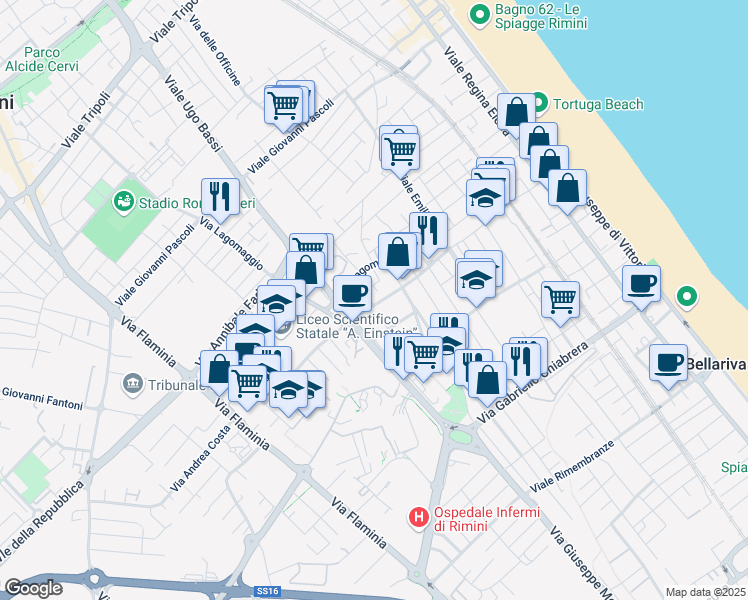 map of restaurants, bars, coffee shops, grocery stores, and more near 1 Via Corrado Ricci in Rimini