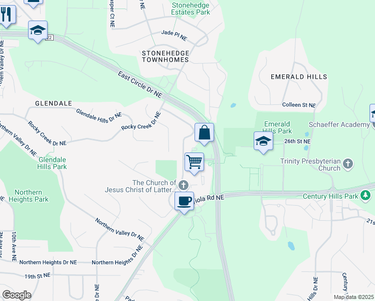 map of restaurants, bars, coffee shops, grocery stores, and more near 2628 Viola Heights Drive Northeast in Rochester
