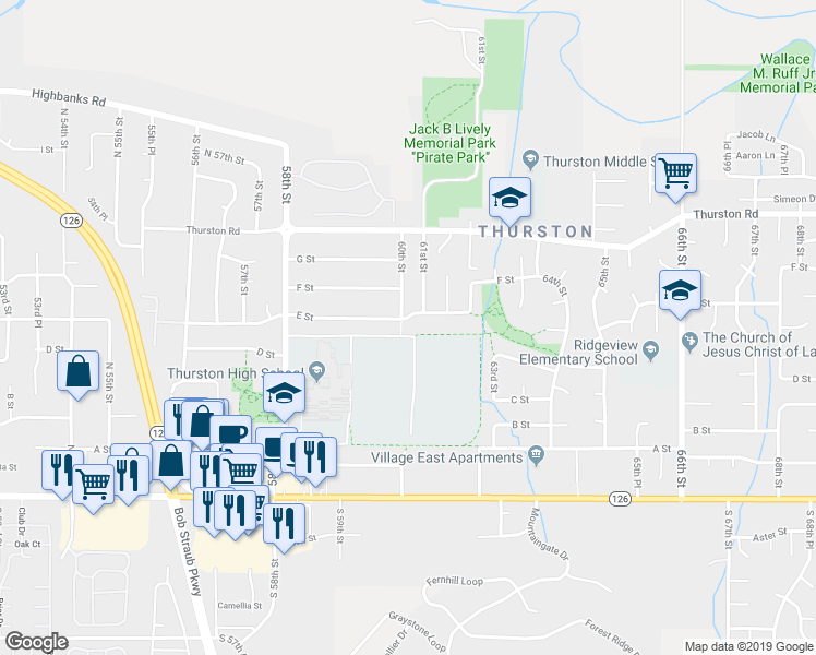 map of restaurants, bars, coffee shops, grocery stores, and more near 6001 E Street in Springfield