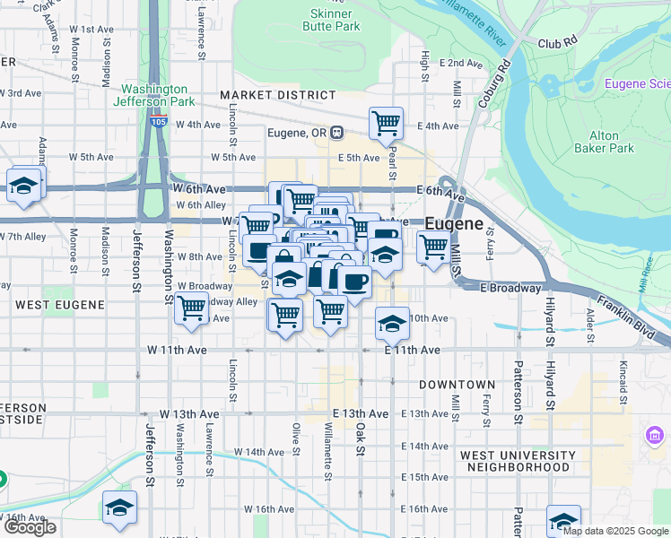 map of restaurants, bars, coffee shops, grocery stores, and more near 830 Willamette Street in Eugene