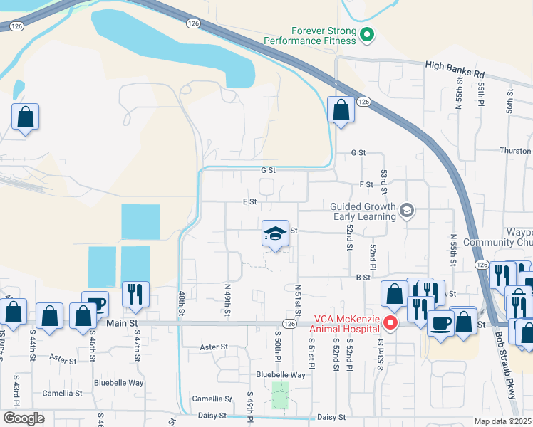map of restaurants, bars, coffee shops, grocery stores, and more near 5033 E Street in Springfield