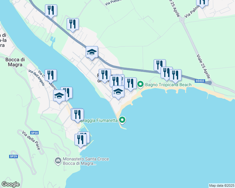 map of restaurants, bars, coffee shops, grocery stores, and more near 53 Via Baban in Fiumaretta di Ameglia