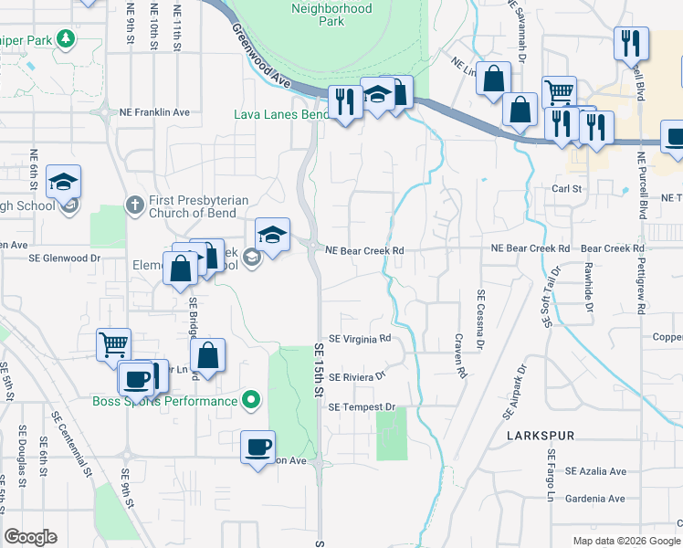 map of restaurants, bars, coffee shops, grocery stores, and more near 1550 SE Ramsay Rd in Bend