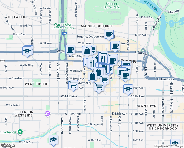 map of restaurants, bars, coffee shops, grocery stores, and more near 824 Charnelton Street in Eugene