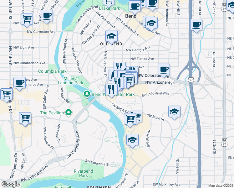 map of restaurants, bars, coffee shops, grocery stores, and more near 730 Southwest Industrial Way in Bend