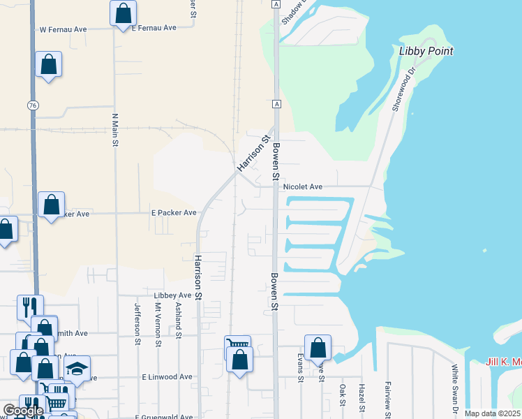 map of restaurants, bars, coffee shops, grocery stores, and more near 712 Starboard Court in Oshkosh