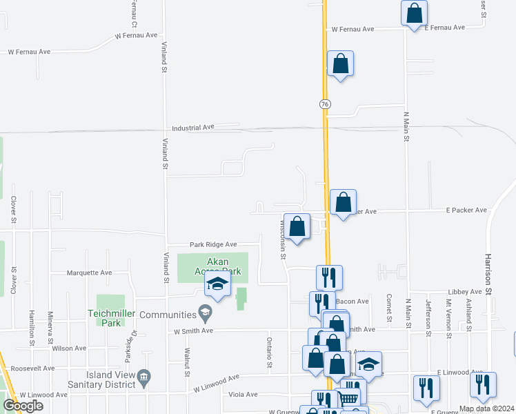 map of restaurants, bars, coffee shops, grocery stores, and more near 780 West Packer Avenue in Oshkosh