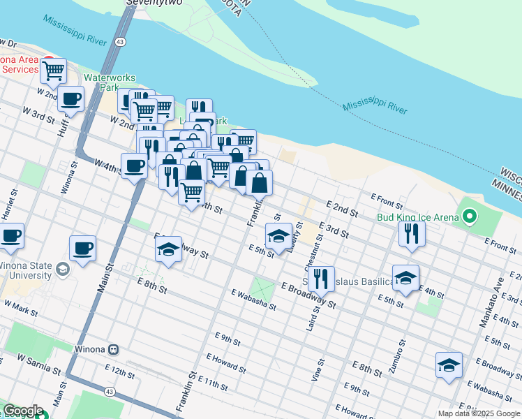 map of restaurants, bars, coffee shops, grocery stores, and more near 265 East 3rd Street in Winona